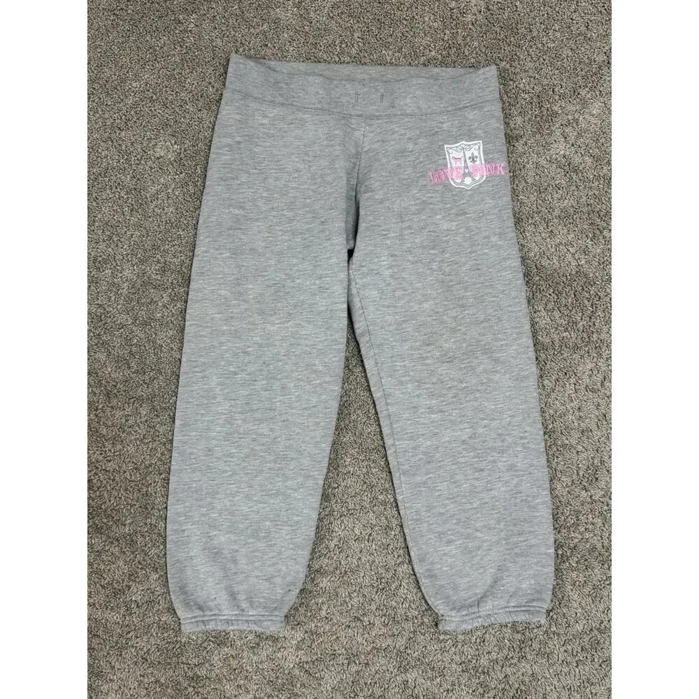 Y2K VICTORIA’S SECRET PINK Gray University Embroidered Crop Sweatpants Joggers S